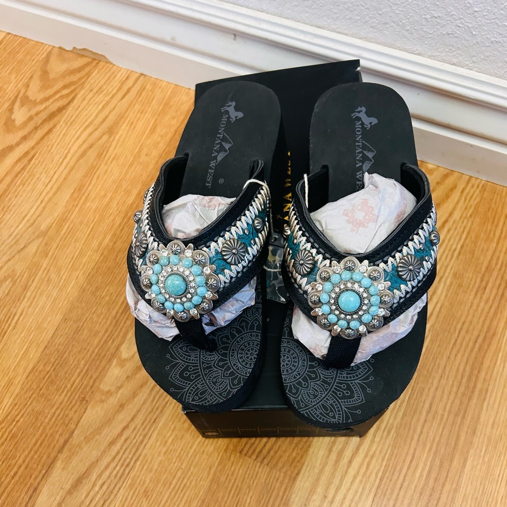 Montana West Black and Turquoise Embellished Sandals
